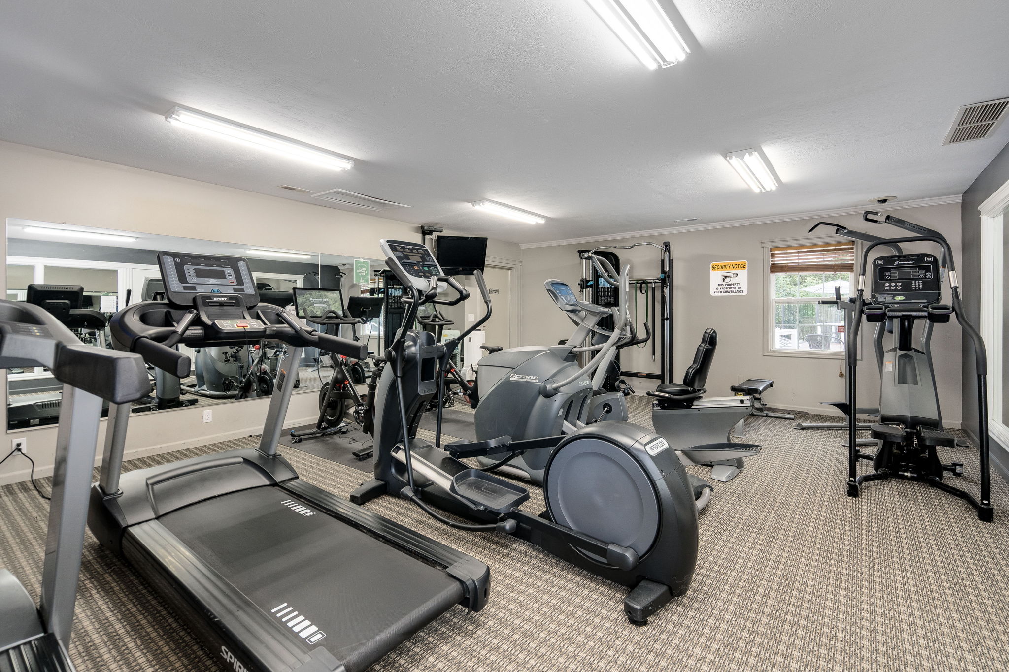 A gym with treadmills, elliptical machines, and other exercise equipment.